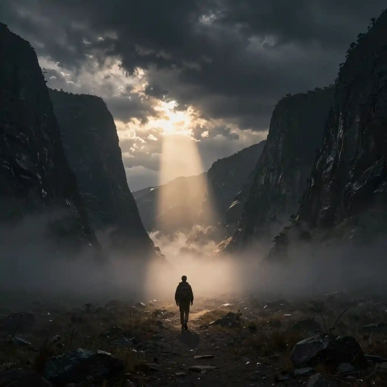 Lone traveler in misty valley under stormy divine light