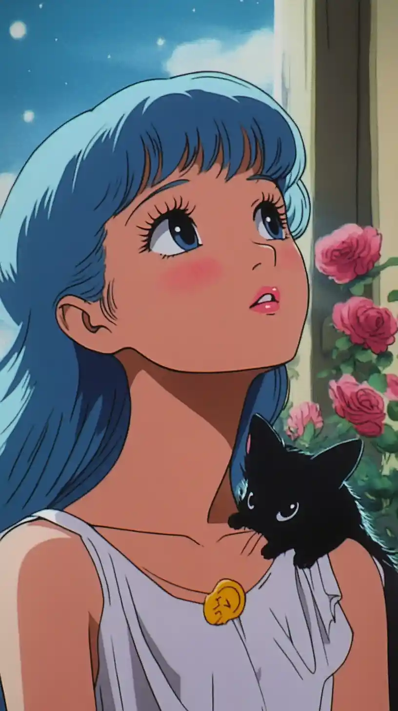 Blue haired anime girl in a flowing vintage nightgown
