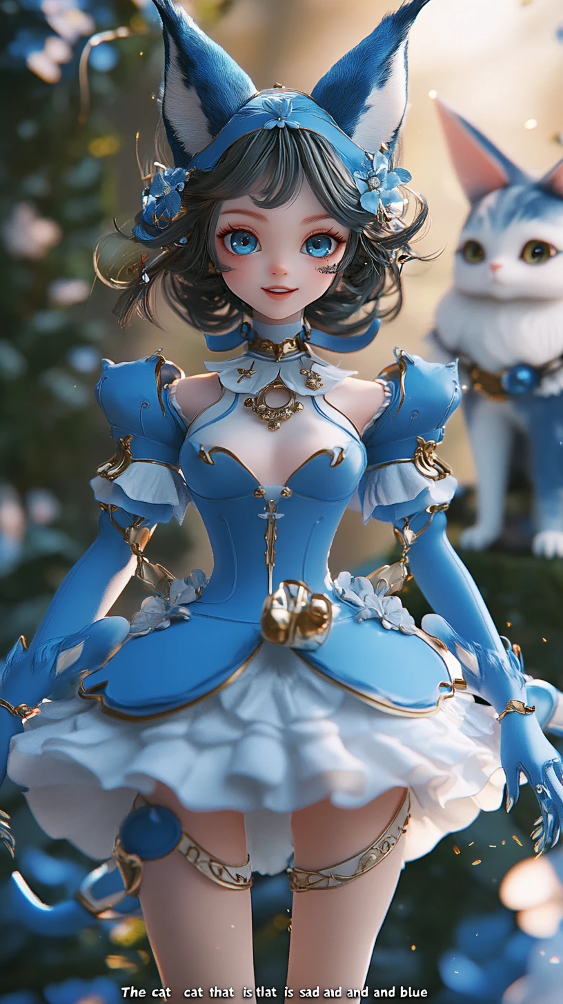 Kawaii blue armored anime woman with sly enchanting smile