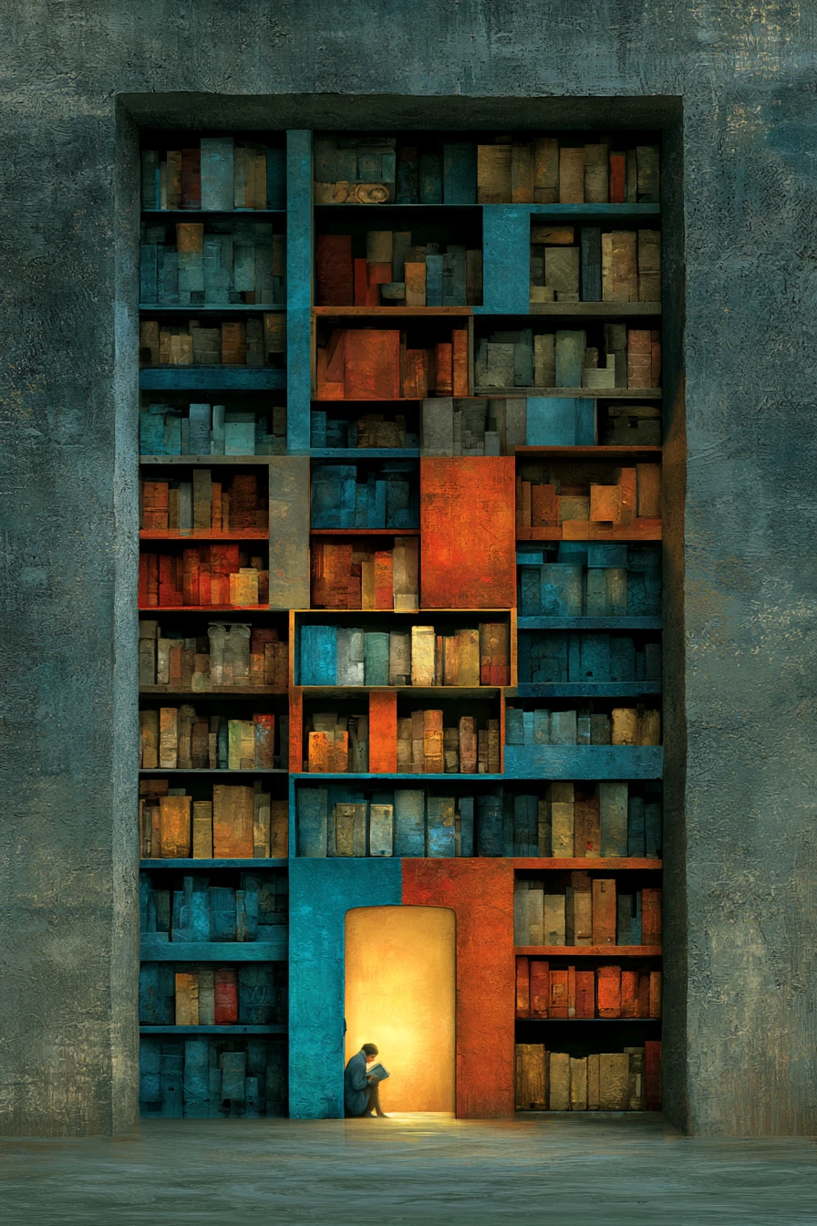 Surreal woman trapped in a mysterious drowned library