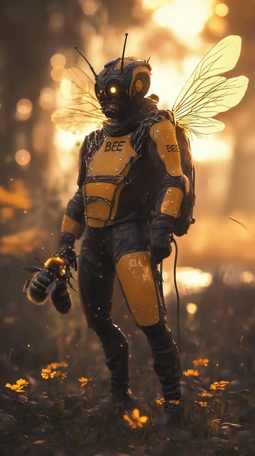 Bee warrior woman in golden armor at sunset hills