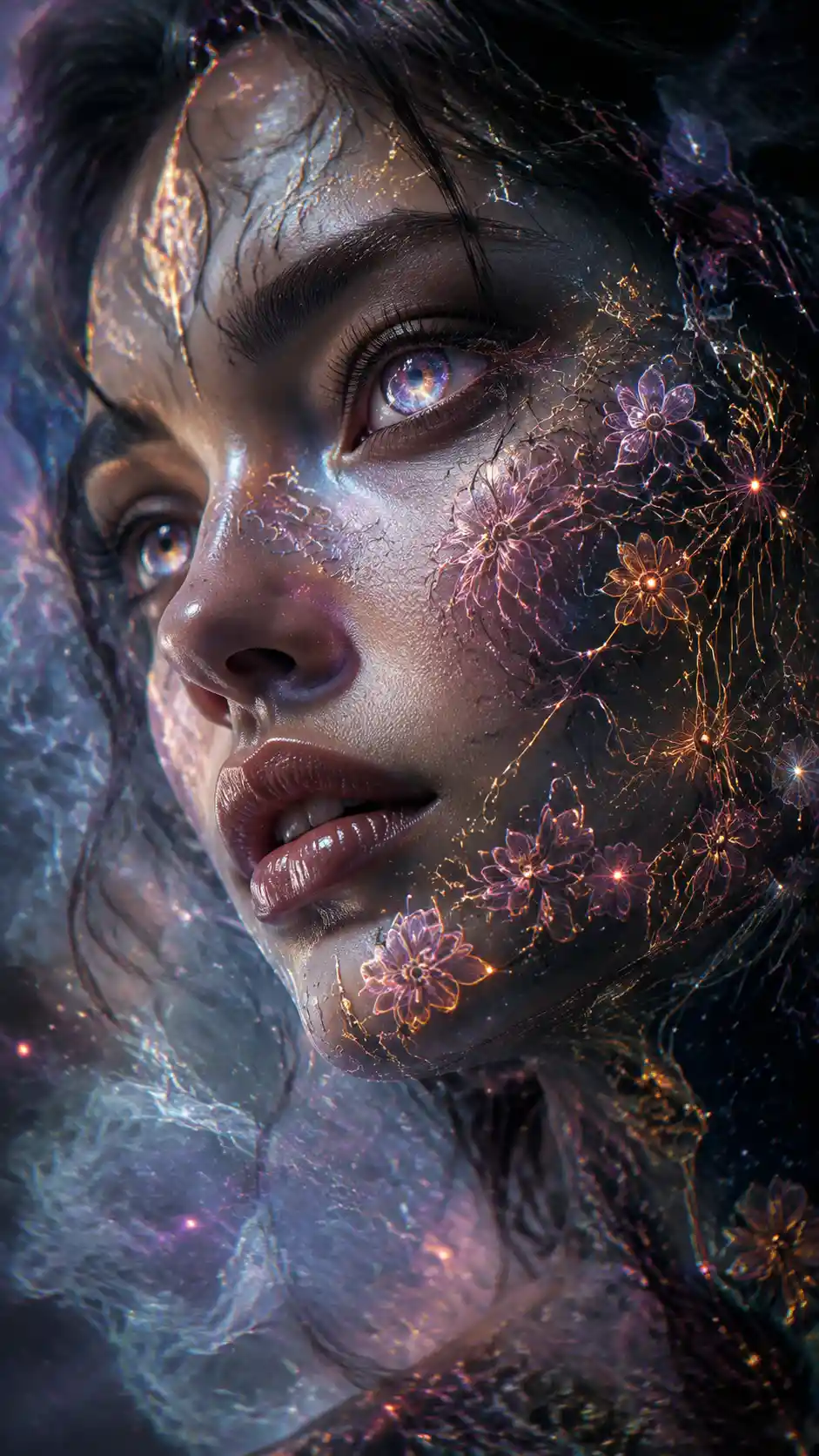 Cybernetic woman with glowing floral circuitry face tattoos