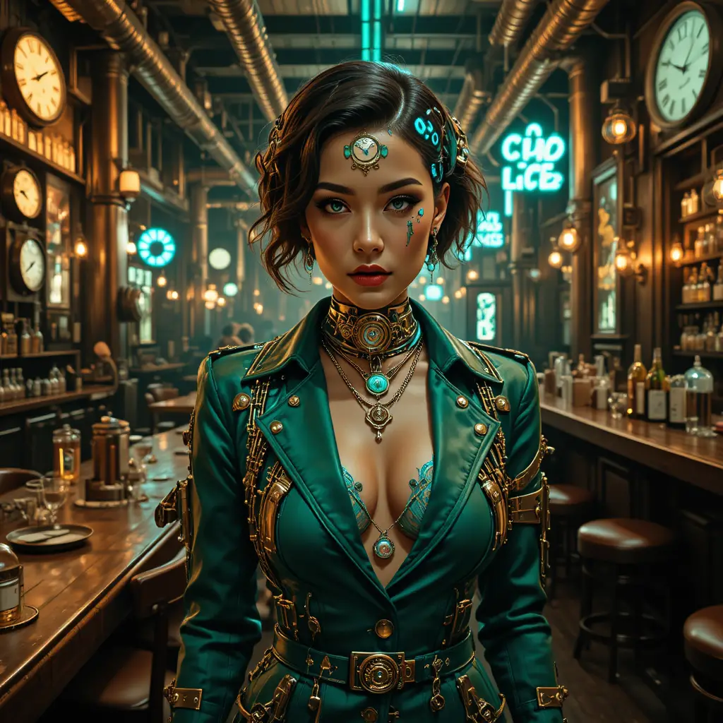 Dieselpunk cyber woman in emerald jacket in industrial bar