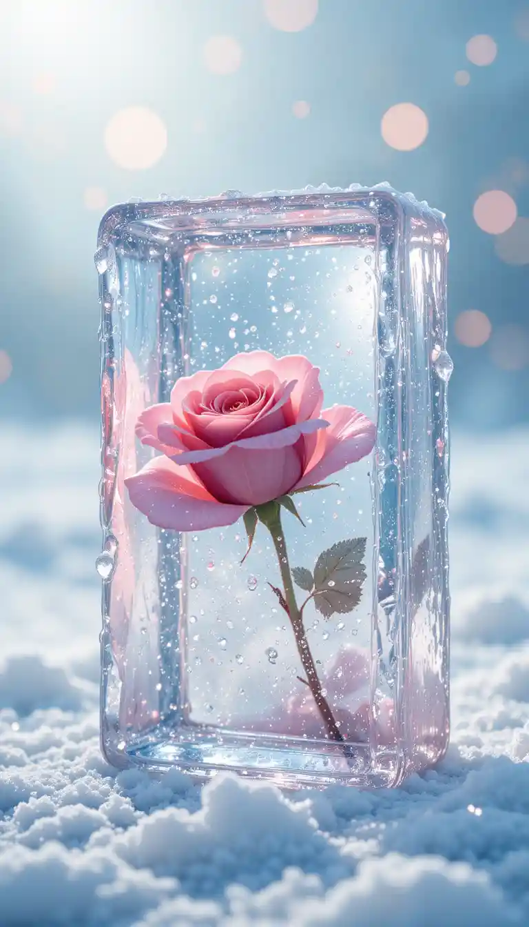 Rosa Rose in einem transparenten Eiswürfel eingefroren
