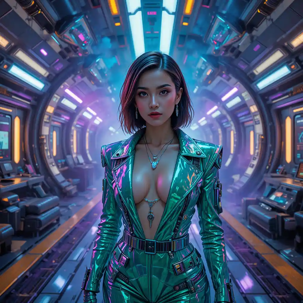 Futuristic bounty hunter in neon lit starship hangar