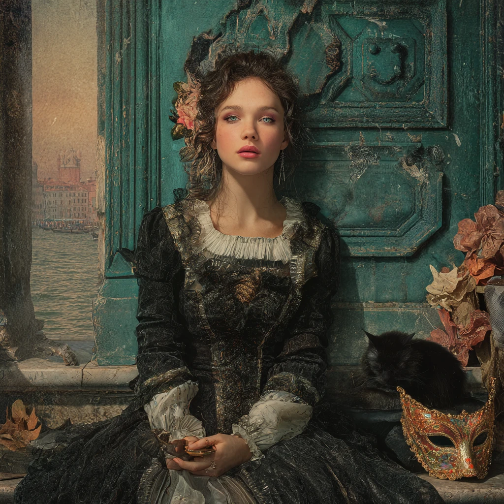 Fantasy woman at turquoise palazzo door with coffee