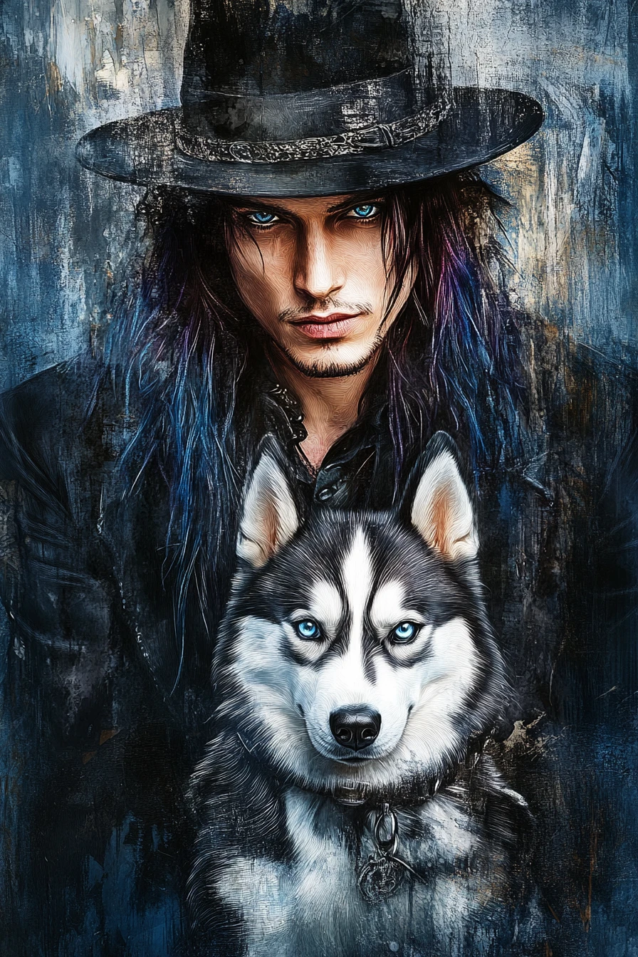 Mysterious man with husky puppy in digital gothic portrait