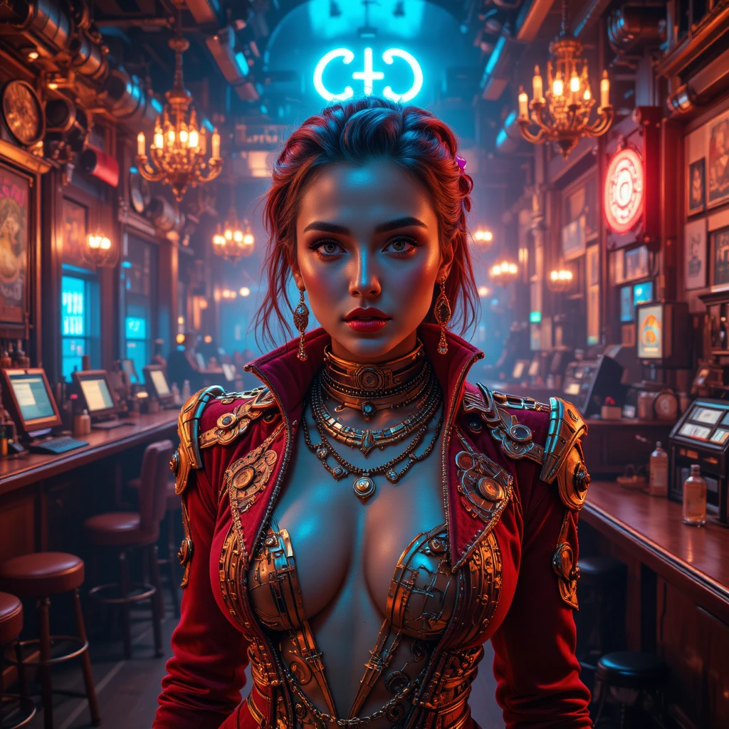Cineastische Cyberpunk-Femme-fatale in einer Neon-Jazzbar