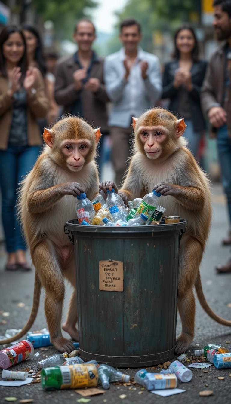 Two monkeys cleaning trash on a busy city street