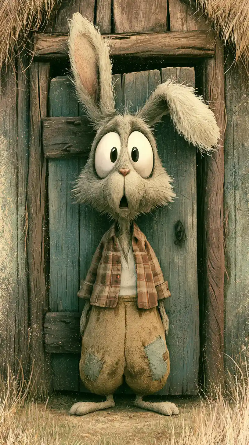 Ilustración de conejo sorprendido en la puerta de una cabaña del bosque