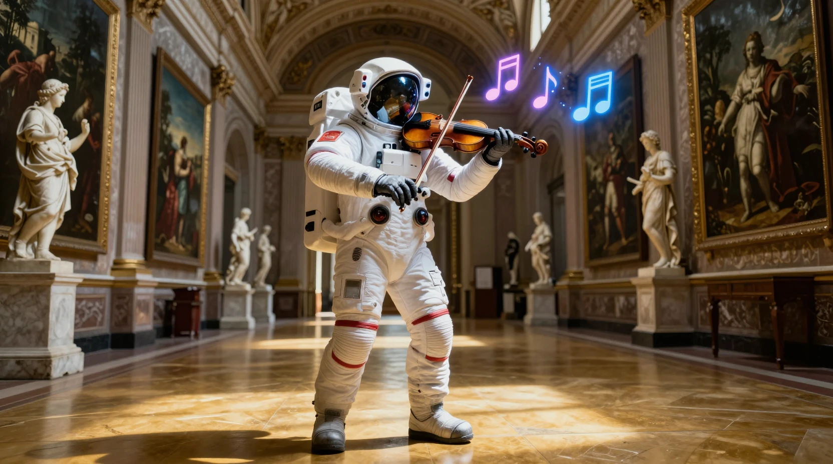 Astronauta futurista tocando el violín en un gran salón de museo