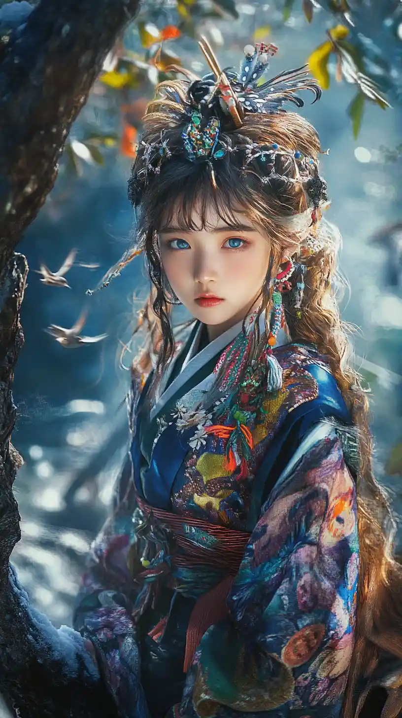 Young Ainu woman in traditional dress in misty forest