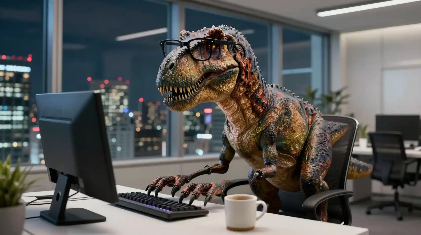 Giant office dinosaur typing at a desk in Tokyo