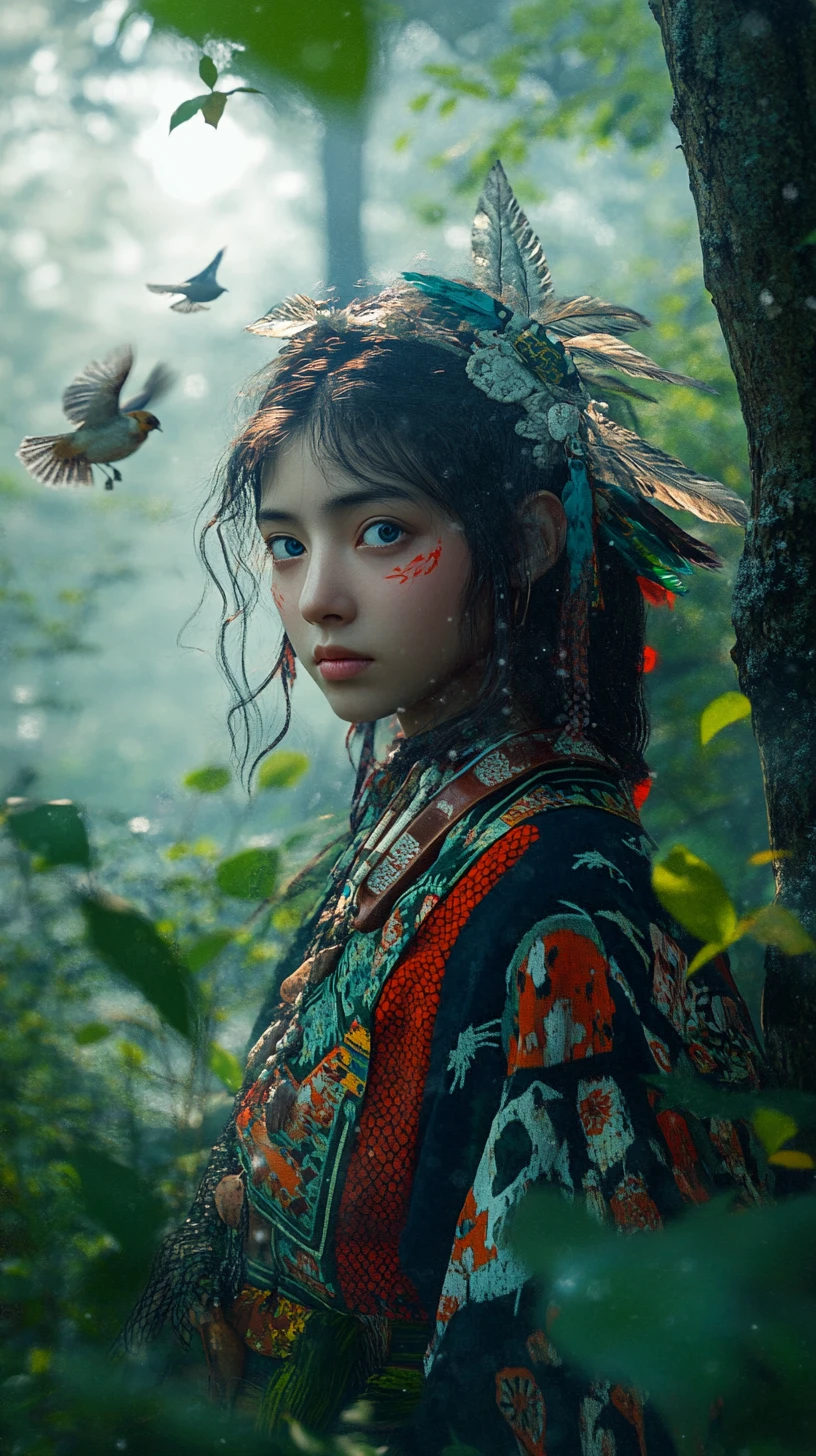 Young Ainu woman in traditional dress in misty forest