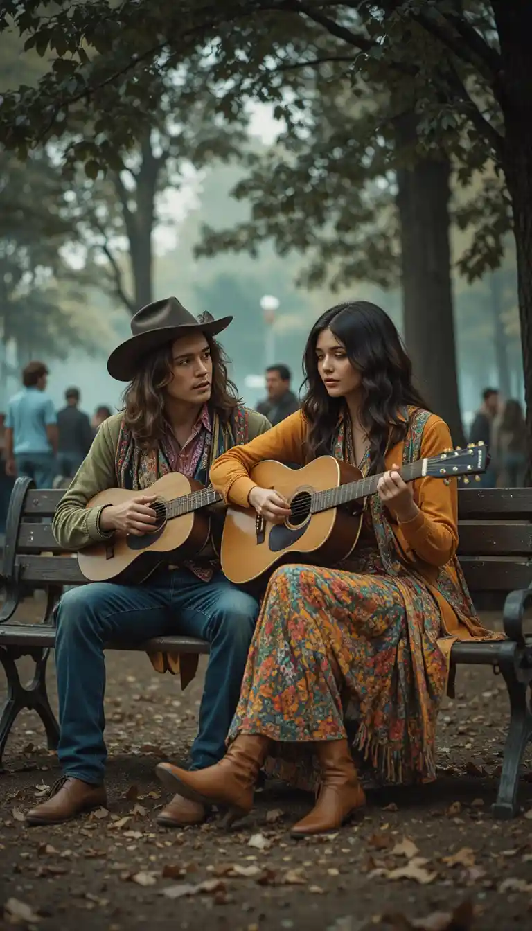 Hippie-Paar auf einer Parkbank auf einem Festival der 1970er Jahre