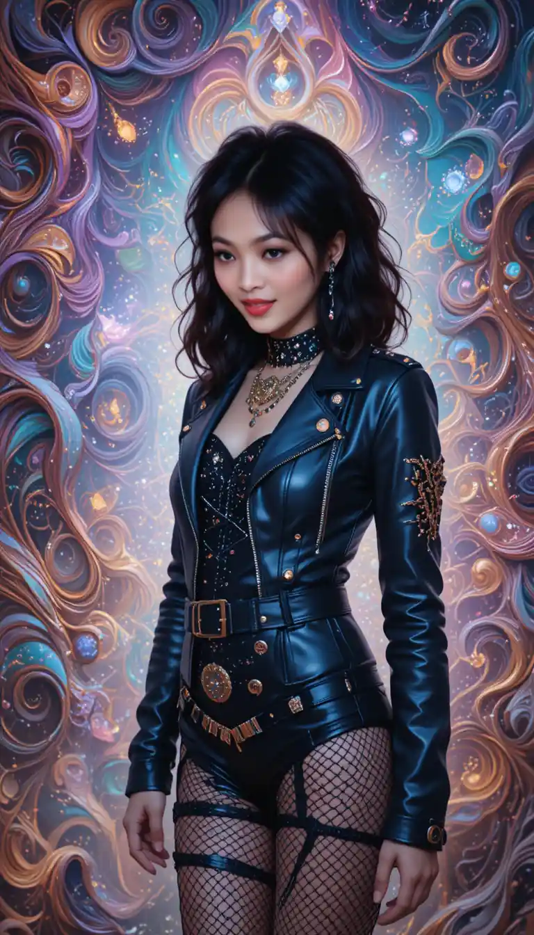 Punk queen in leather and fishnets amid fractal dreamscape