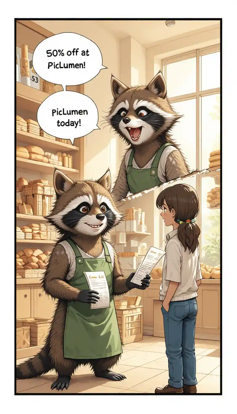 Playful raccoon baker selling bread in a comic bakery