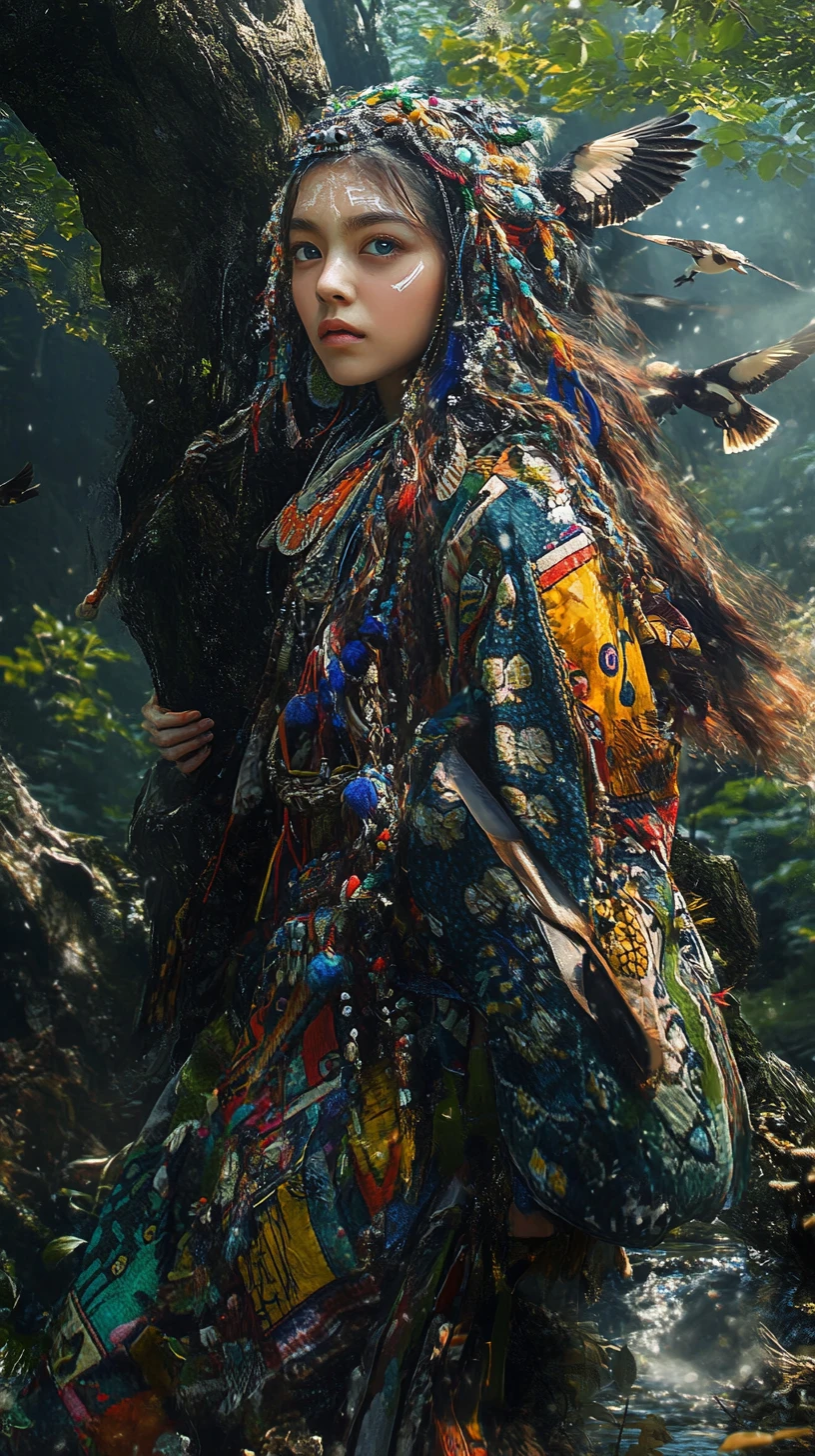 Young Ainu woman in traditional dress in misty forest