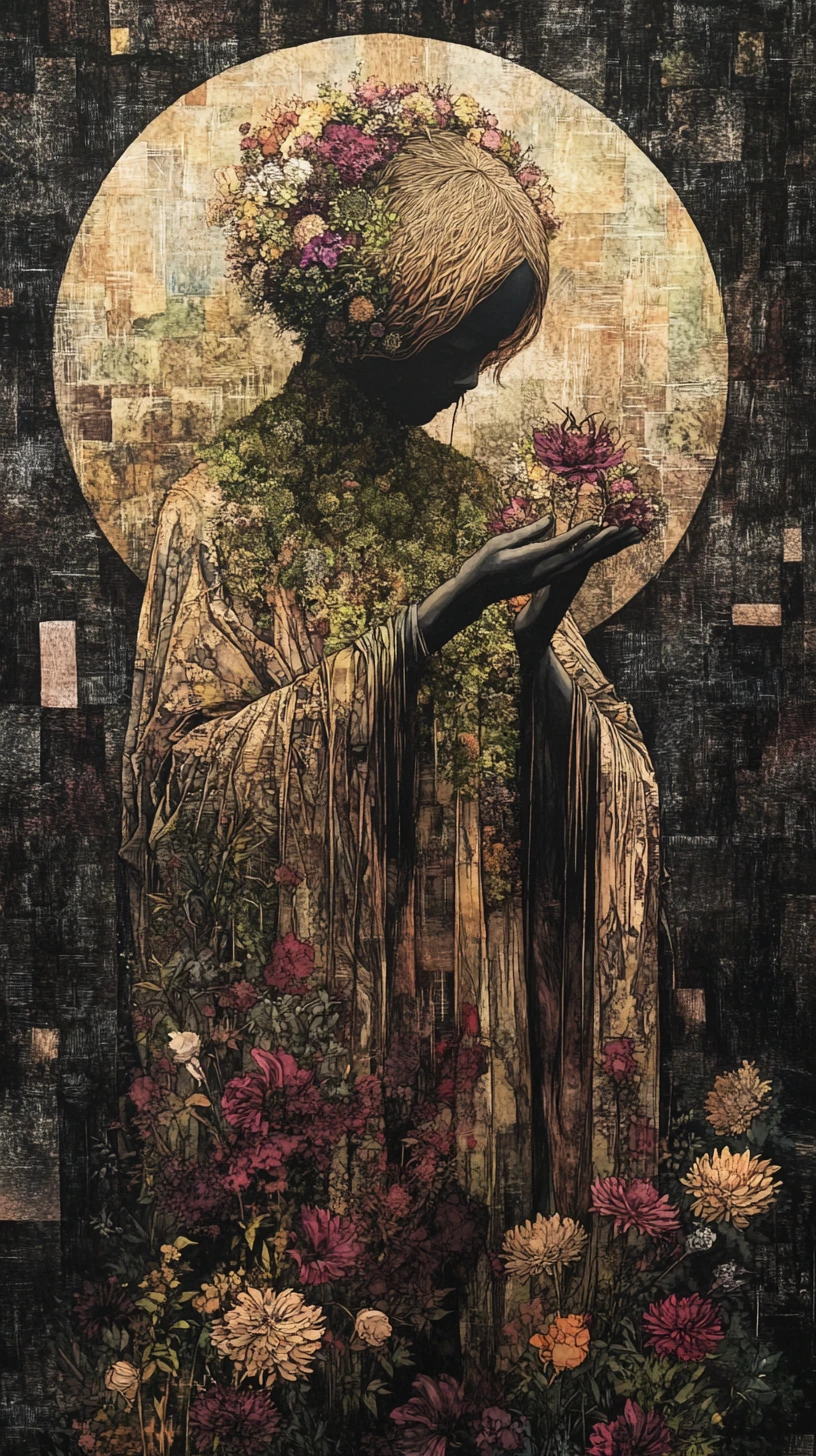 Mysterious guardian tending luminous flowers of forgotten memories