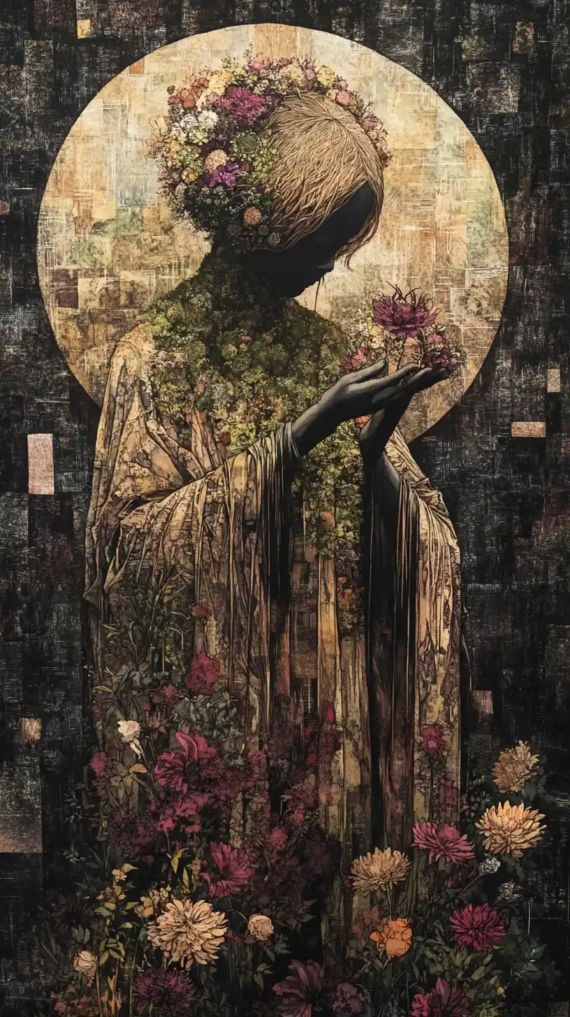 Mysterious guardian tending luminous flowers of forgotten memories