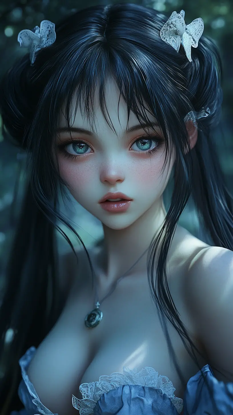 Anime woman in vintage nightgown with playful close up gaze