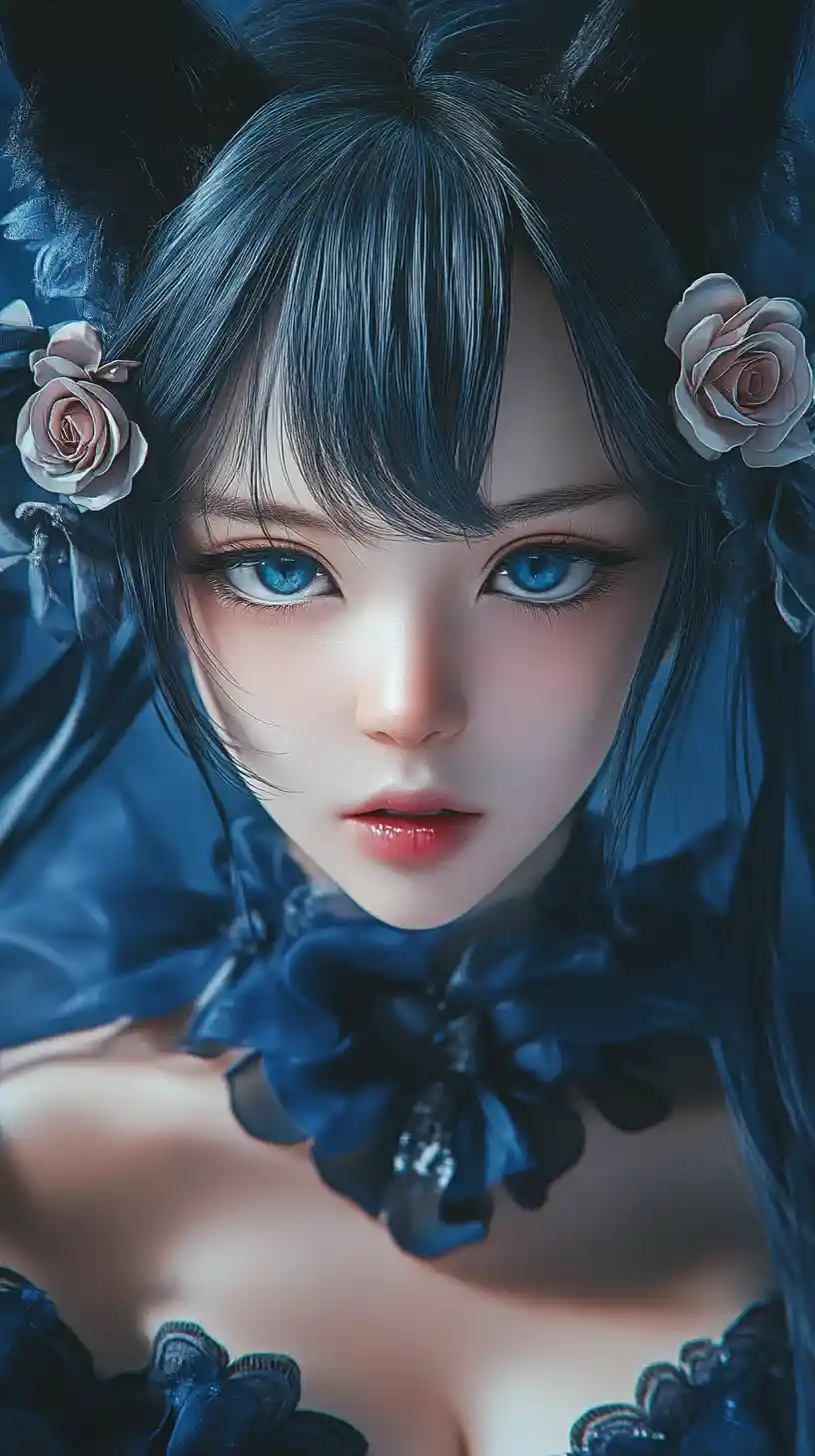 Playful anime woman in blue vintage nightgown close up