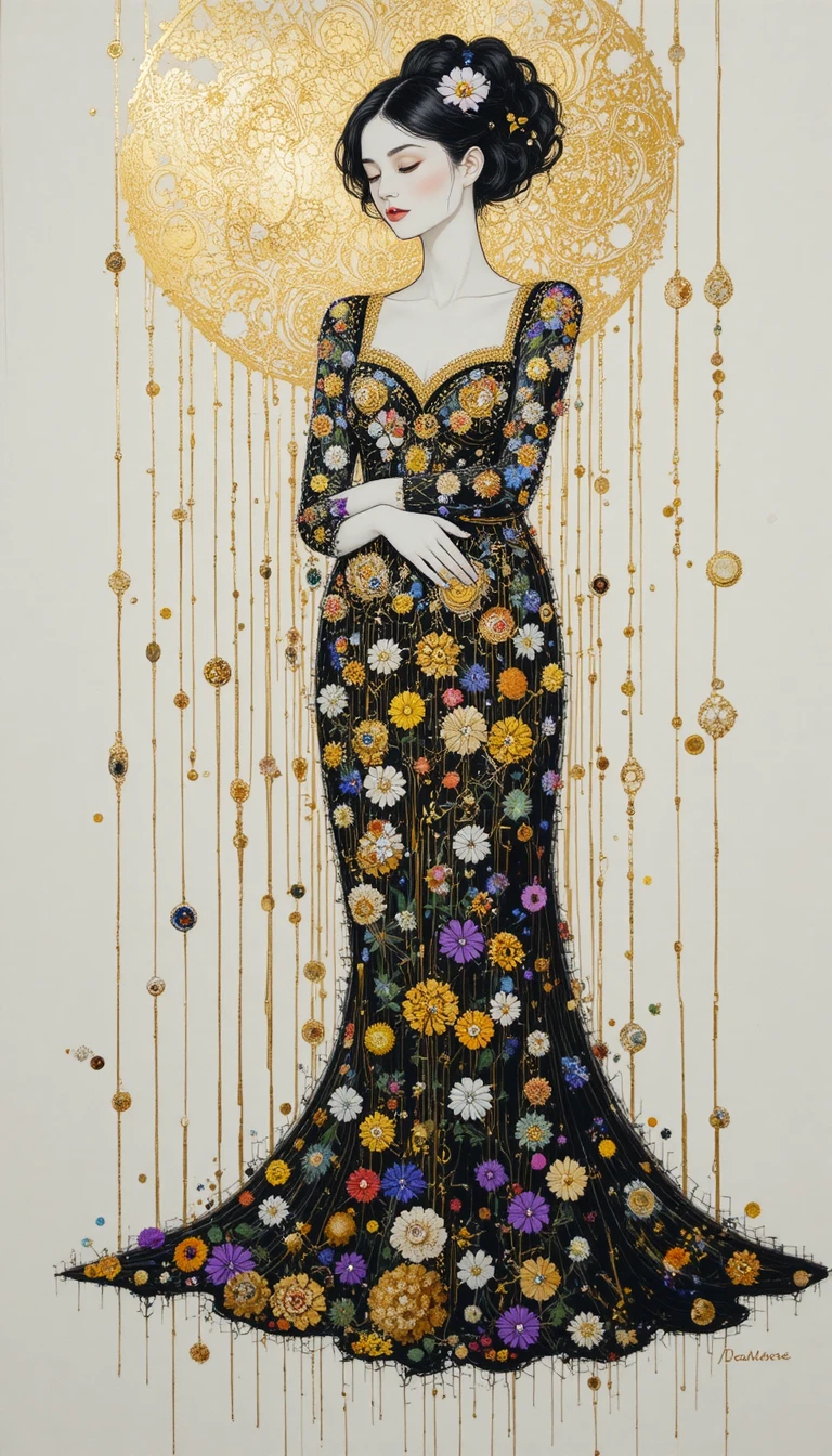 Abstract white and gold drawing in Klimt inspired style