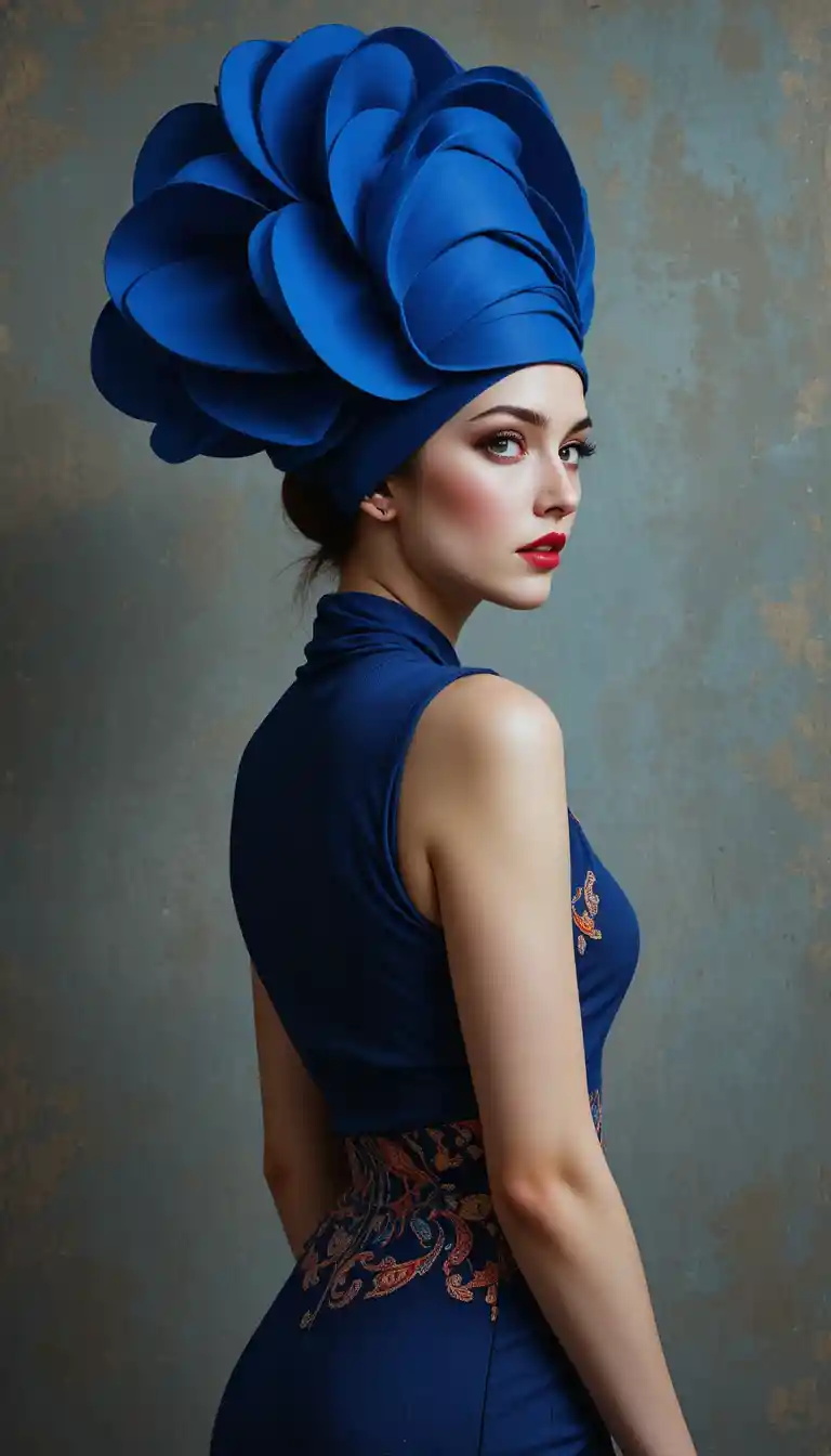 Woman in sculptural blue hat with paisley belt portrait