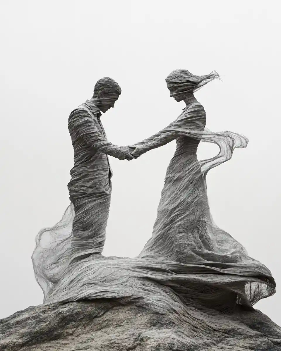 Man and woman holding hands in a tender close embrace