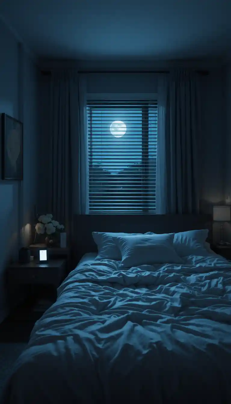 Moonlit bedroom with glowing phone at three in the morning