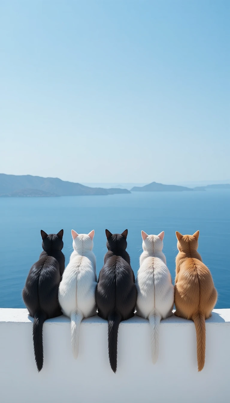 Five cats sitting on a white ledge facing the ocean