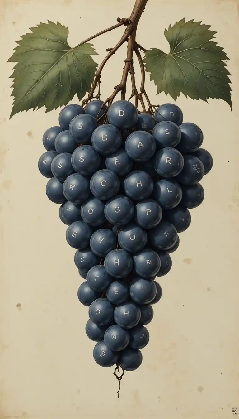 Surreal mechanical grape cluster with keyboard key berries