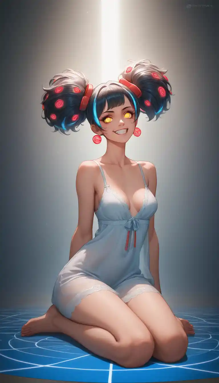 Anime woman in vintage nightgown with charming sly smile