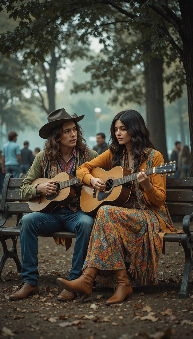 Hippie couple on a park bench at a 1970s festival