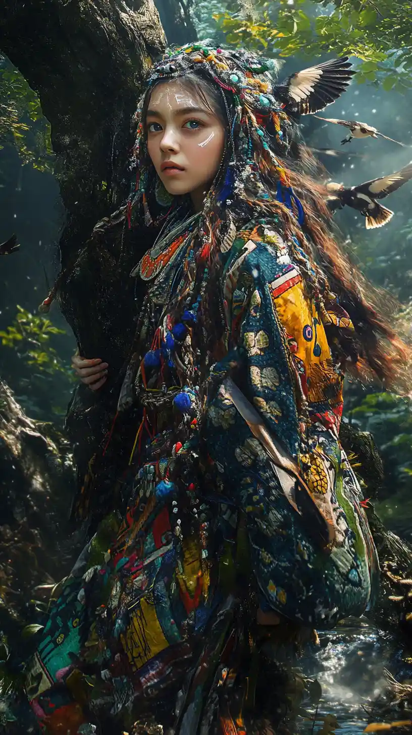 Young Ainu woman in traditional dress in misty forest