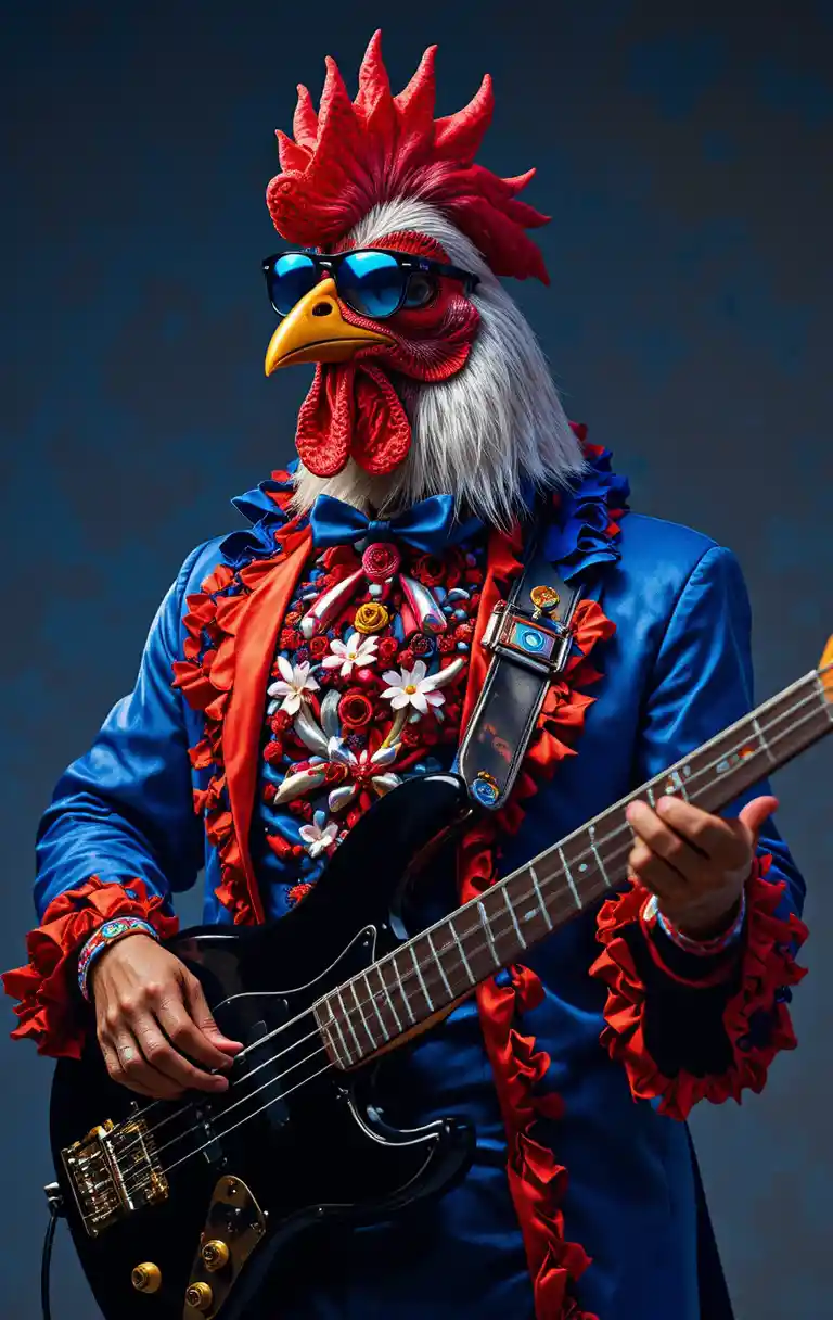 Stylish professor chicken playing a black bass guitar
