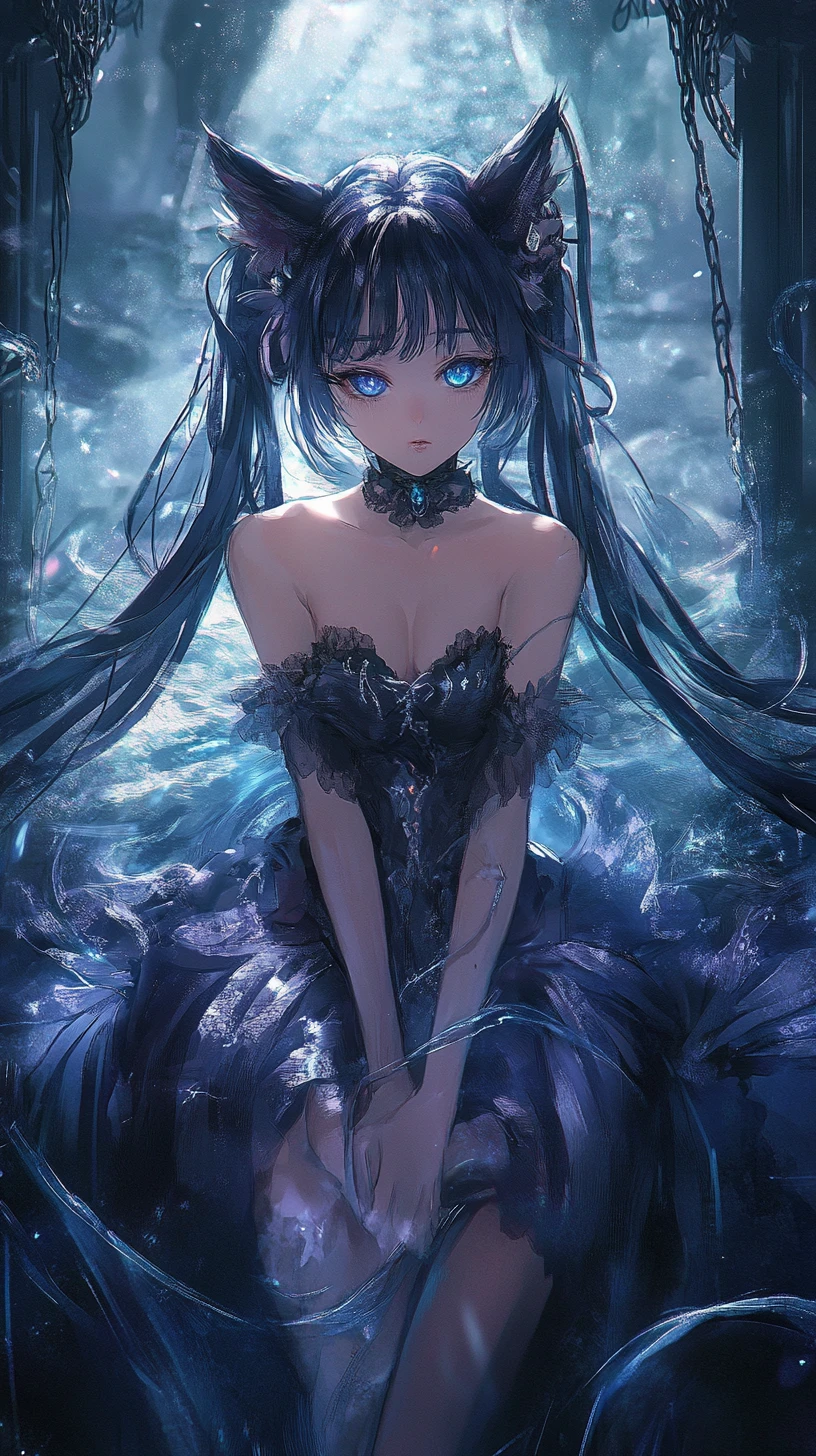 Playful anime woman in blue vintage nightgown close up