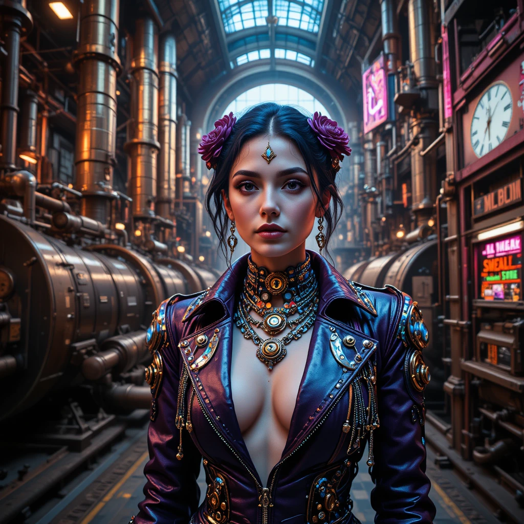 Donna cyberpunk con giacca viola all'interno di una locomotiva industriale