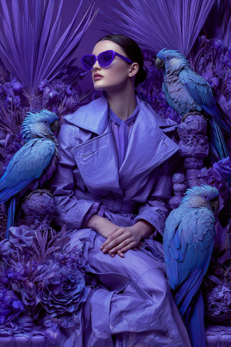 Portrait de mode surréaliste violet avec perroquets et plantes