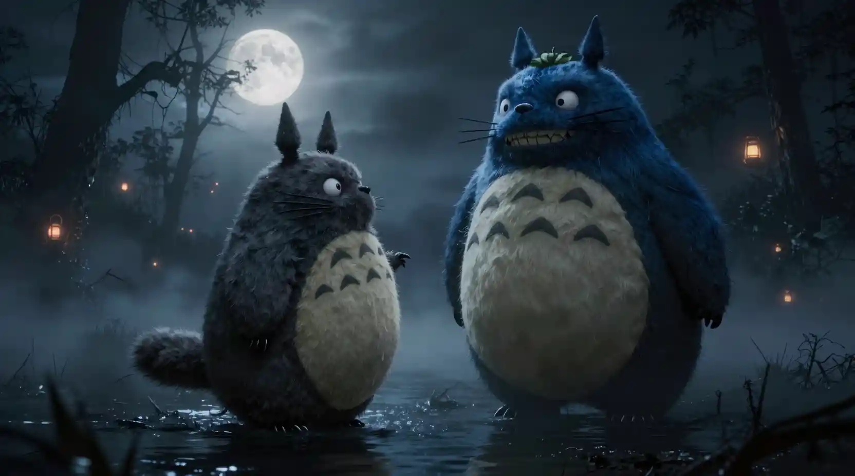 Gigantic Monsters Confronting In A Dark Foggy Swamp