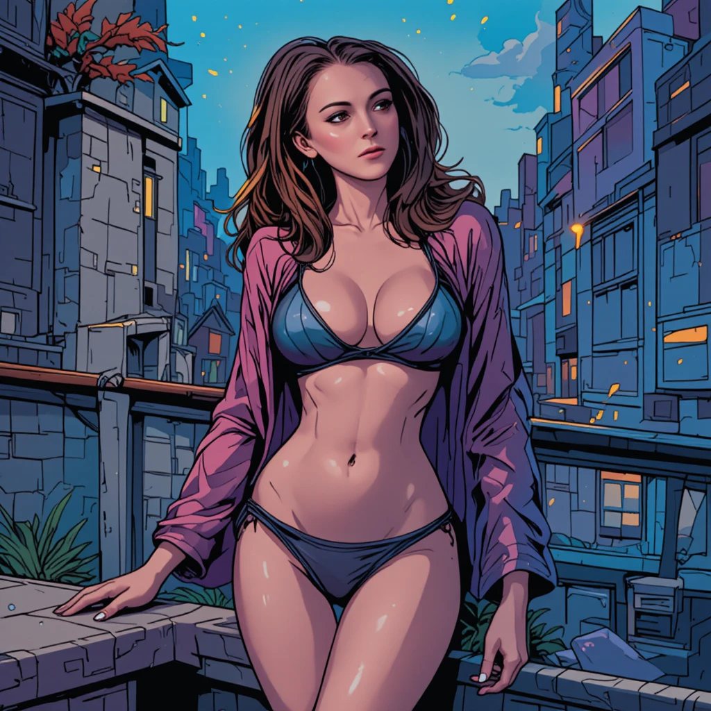 Sultry woman in bikini on city terrace comic scene