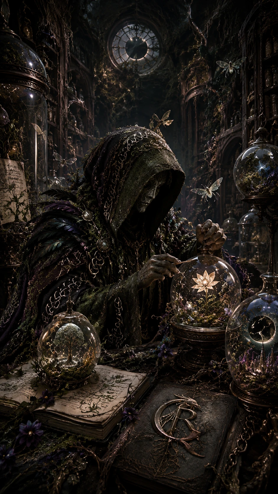 Hooded guardian in an infinite gothic memory library