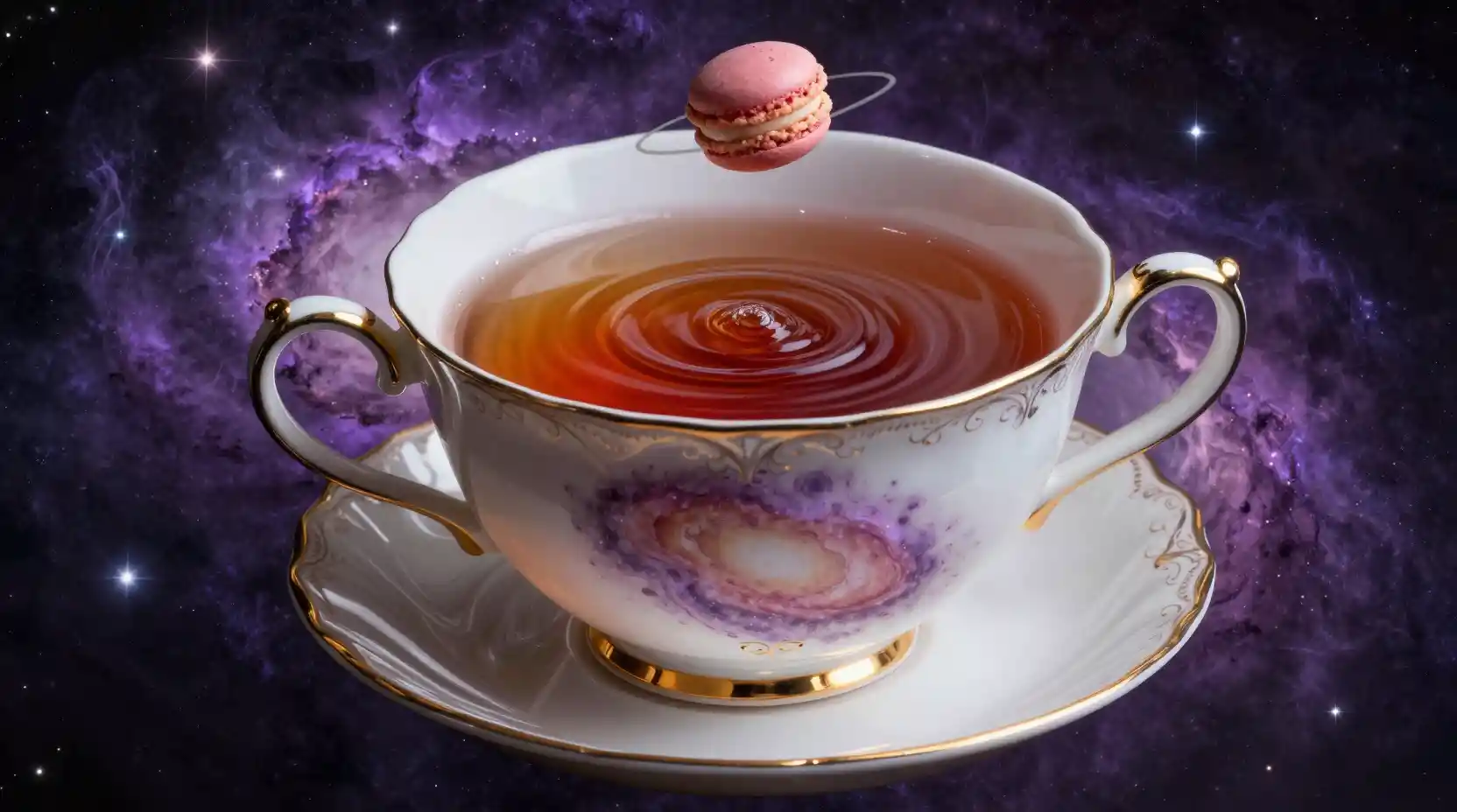 Surreal giant teacup drifting through a glowing cosmic nebula