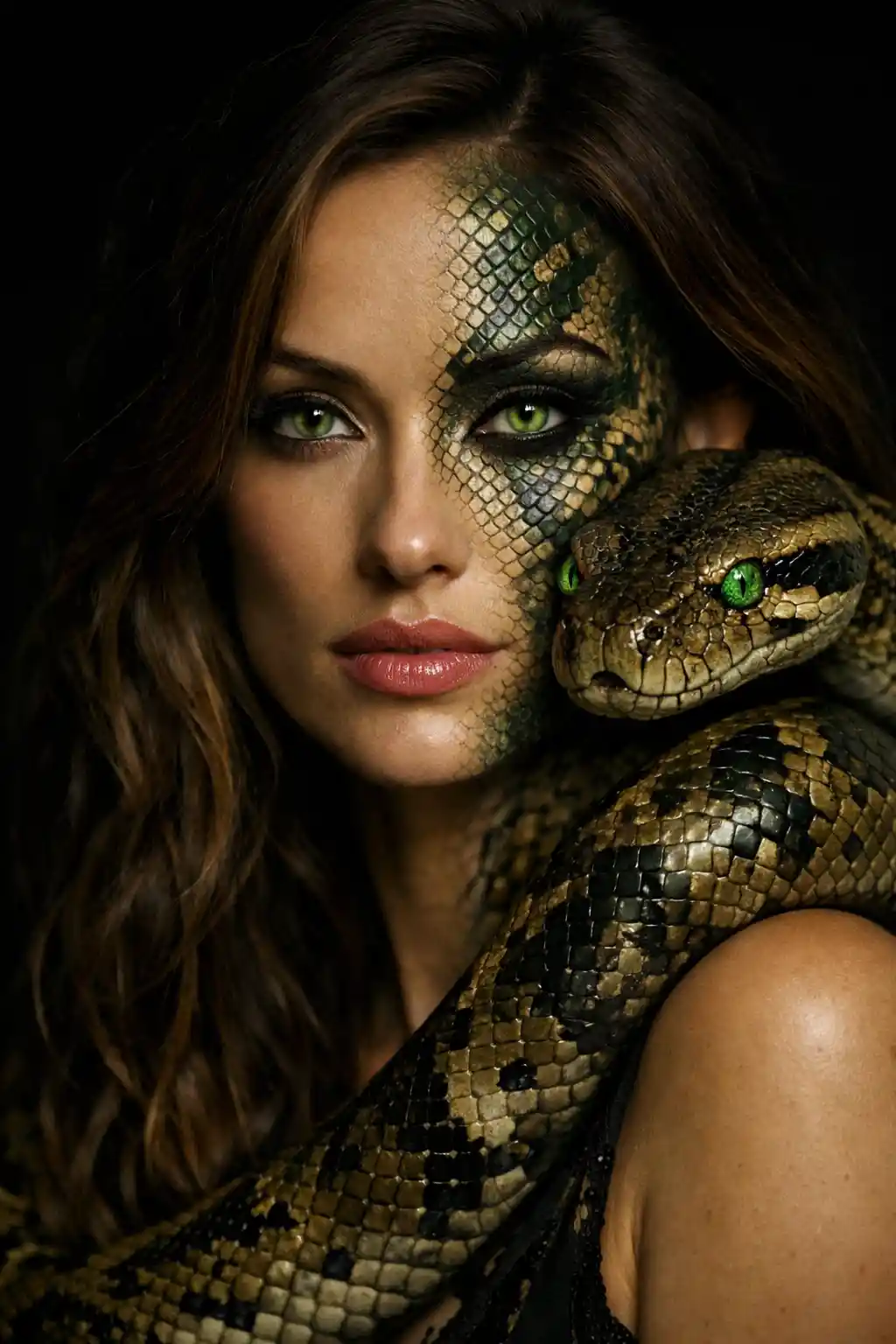 Woman fused with serpent scales in dark close up portrait