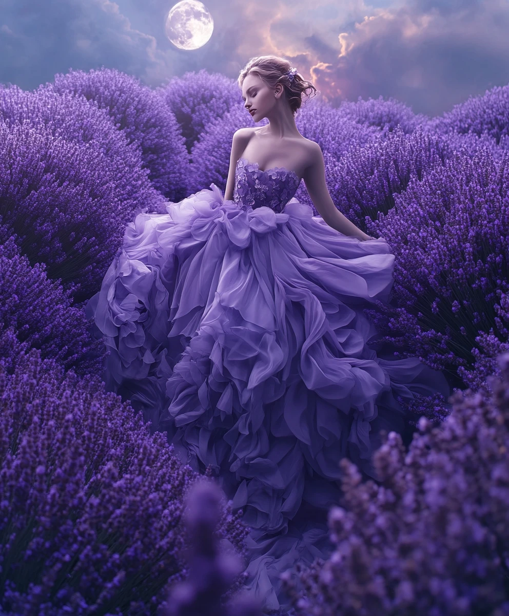 Ethereal woman in lavender gown under glowing full moon