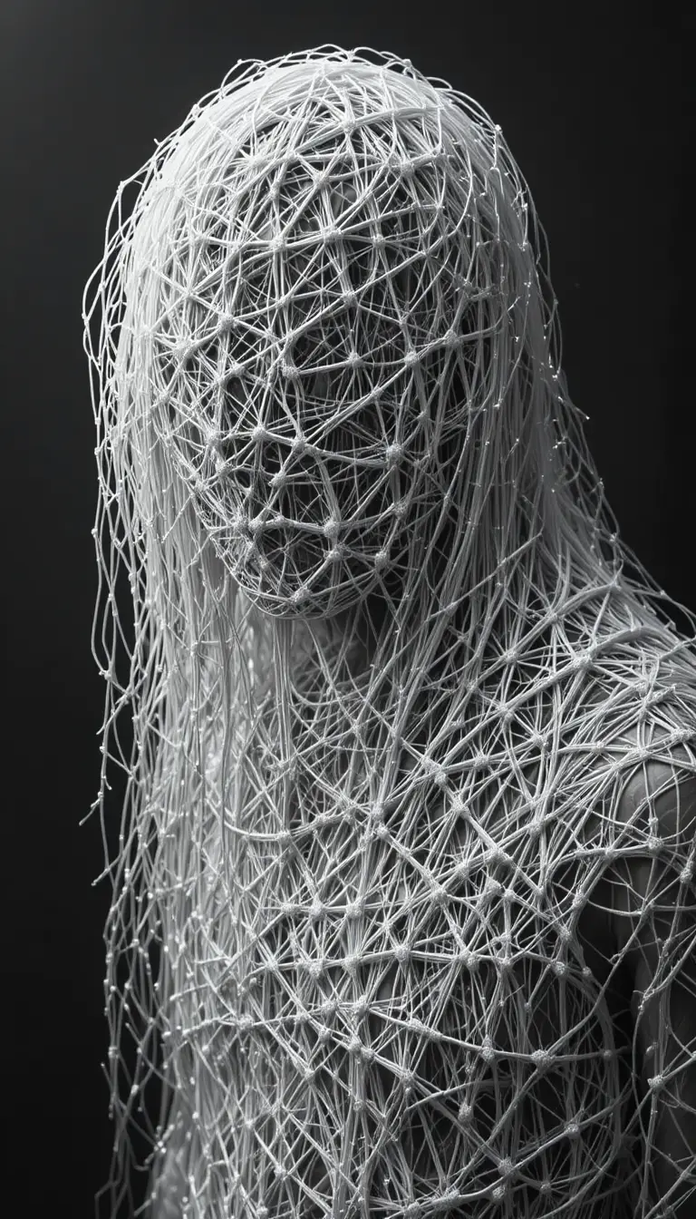 Monochrome figure entangled in dense white threads
