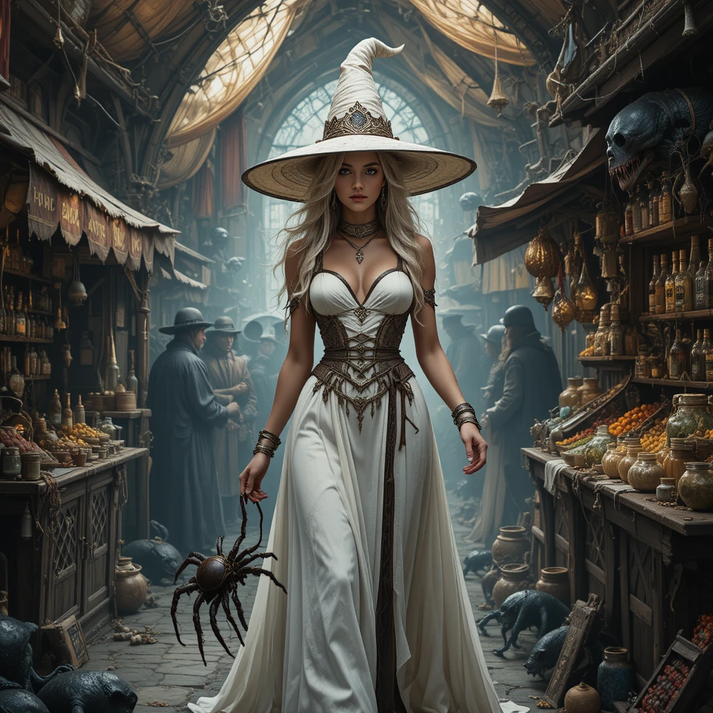 Alta strega bianca che cammina in un affollato mercato fantasy