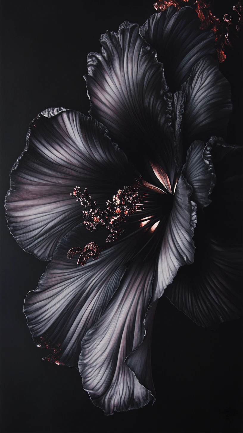 Gigantic black flower blooming beneath a dark solar eclipse