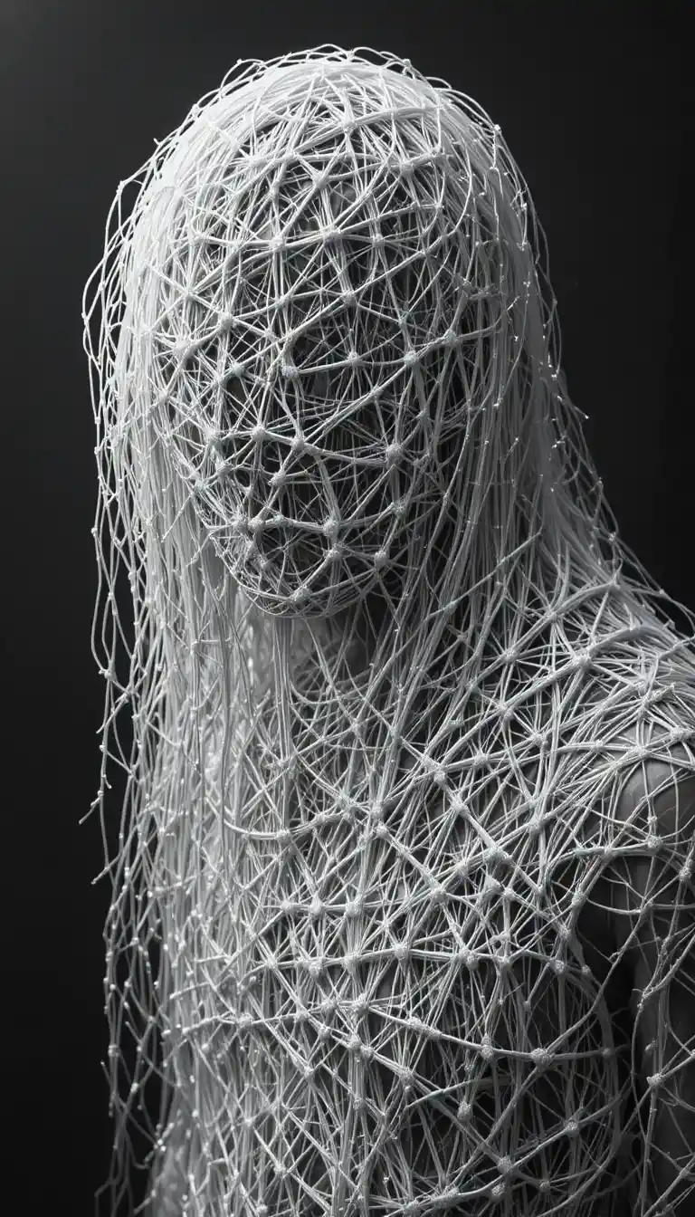 Monochrome figure entangled in dense white threads