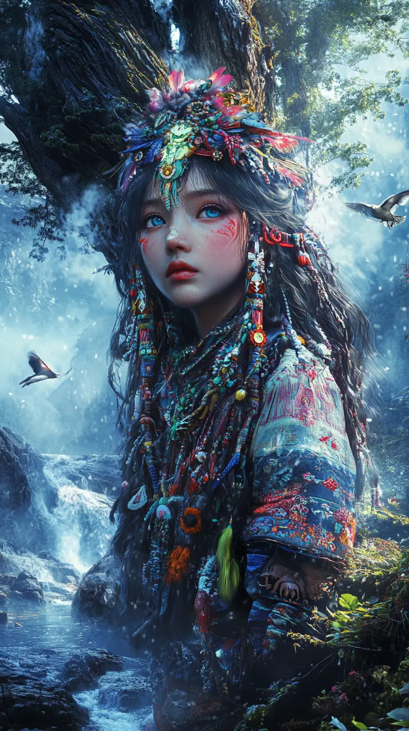 Ainu woman in traditional dress standing in misty forest